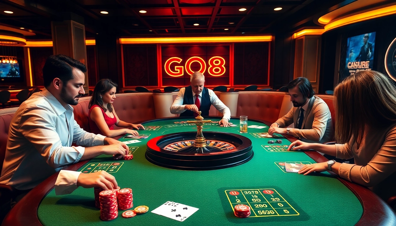 GO8 casino players enjoying a vibrant poker game at a luxurious table.