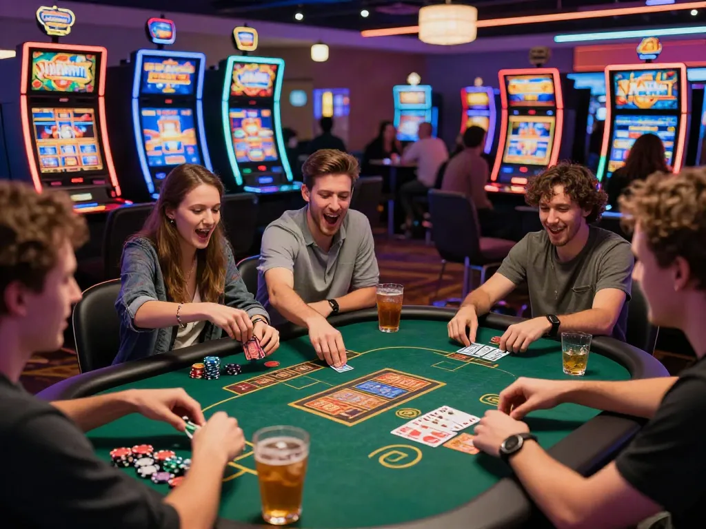 Friends enjoying a game at a non gamstop casino, vibrant lights and lively atmosphere.