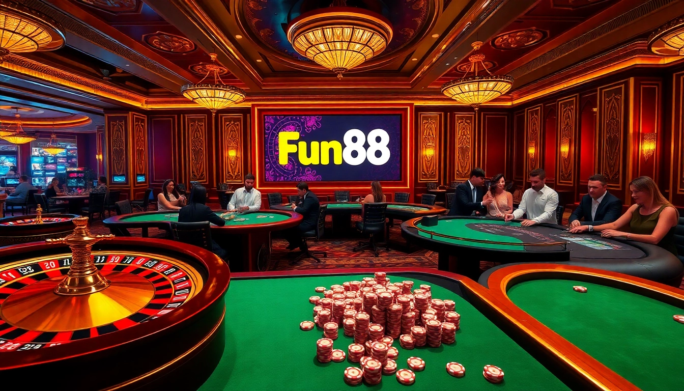Gambler enjoying a thrilling game at Fun88 casino with vibrant atmosphere and vibrant gaming tables.