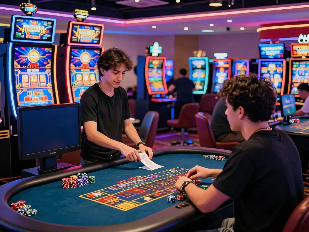 Engaged player at a non Gamstop casino live-dealer table, bright atmosphere with colorful slot machines and neon lights.