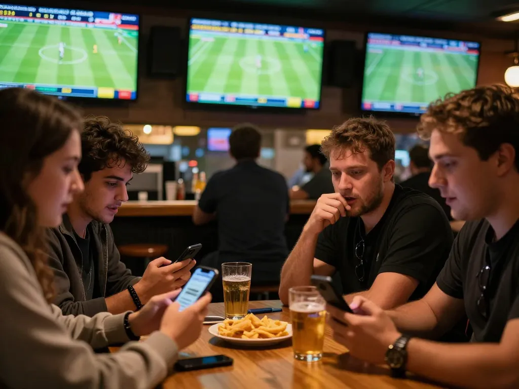 Engaged bettors using KQBD for sports betting predictions in a lively sports bar atmosphere