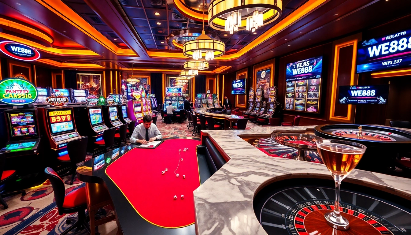 WE88 players enjoying a premium casino experience with vibrant slots and roulette action.