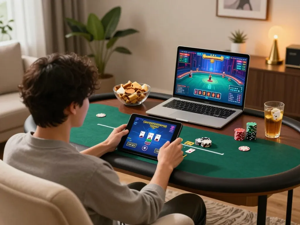 Exciting online poker gameplay experience with okwin on tablet, showcasing strategic betting.