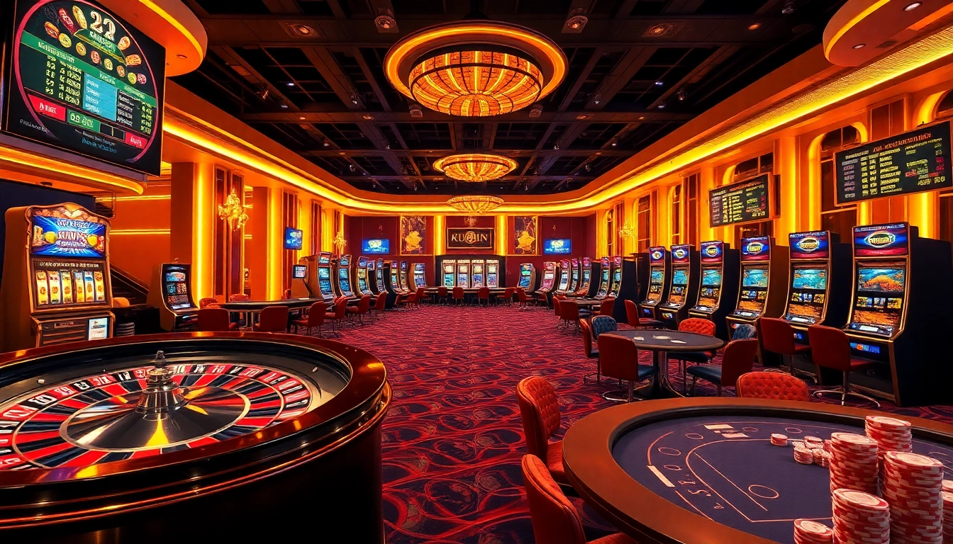 Engage in thrilling gaming action at a kuwin online casino, showcasing vibrant tables and slot machines.