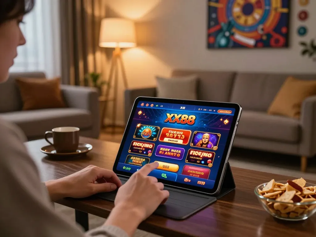 Engaging with the XX88 casino app in a cozy home setting while enjoying responsible gaming.