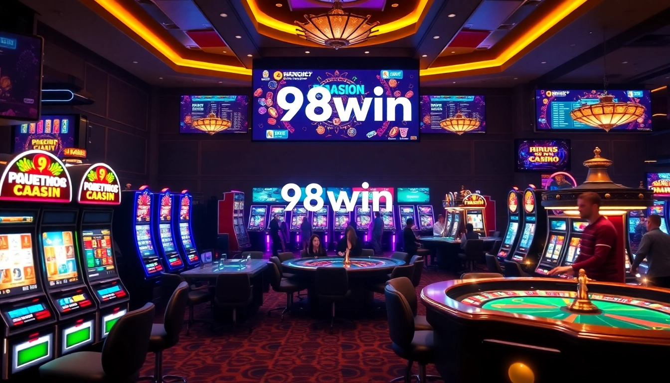 Players enjoying thrilling games at 98win online casino with vibrant slot machines.