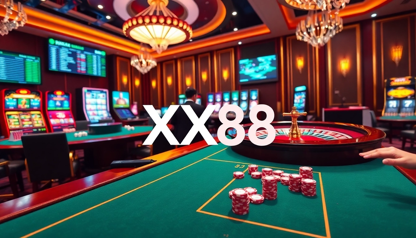 Experience the thrill of strategic baccarat at XX88 with vibrant poker chips and an exciting gambling atmosphere.