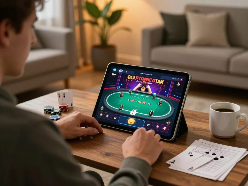Player enjoying kp88 online casino games on tablet in cozy home setting