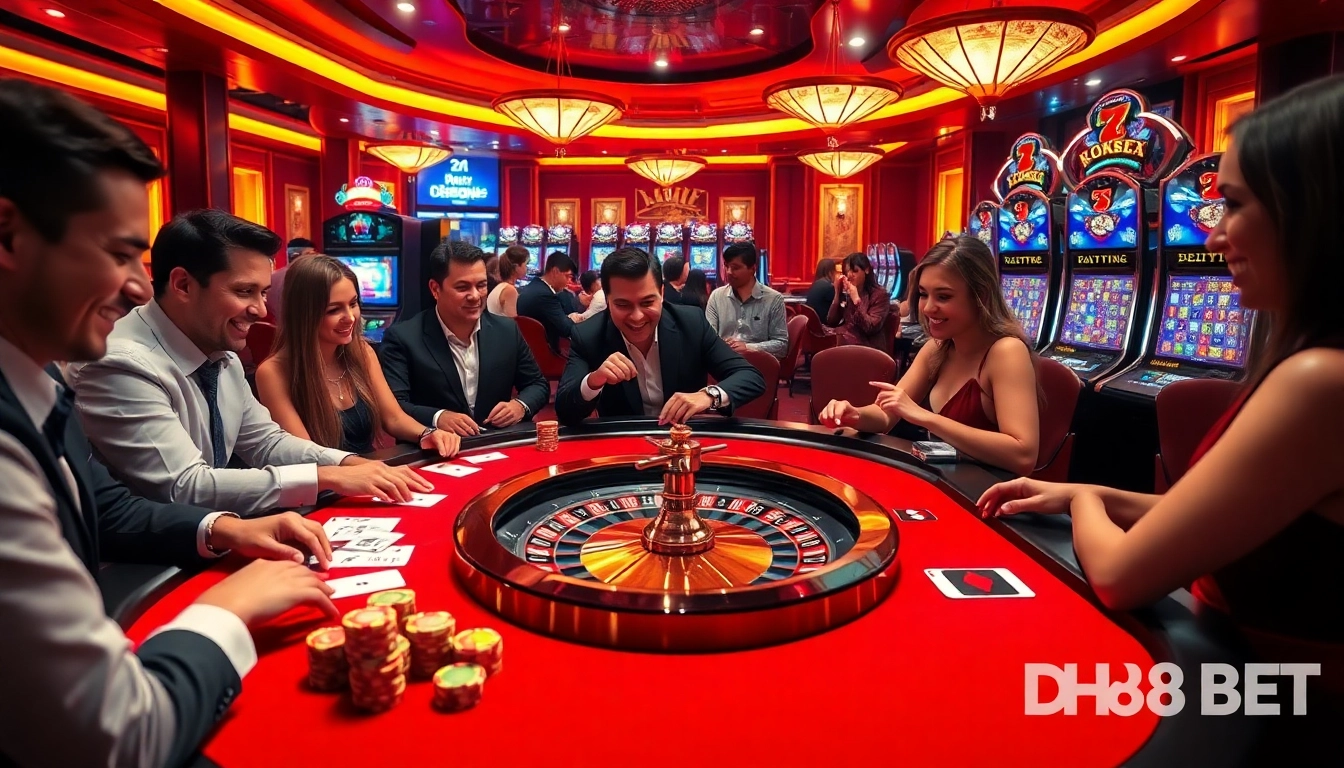 Players enjoying DH88 BET experiences at an elegant casino table with poker chips and cards.