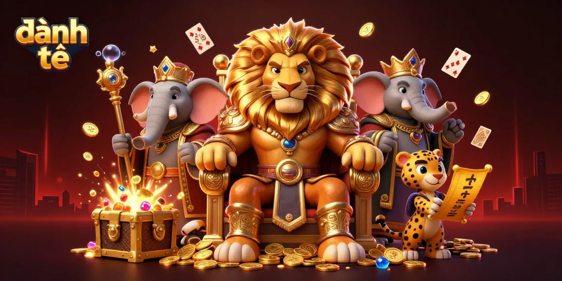 Capture the excitement of đánh đề with a fierce lion king on a gold coin throne, surrounded by vibrant gambling elements.