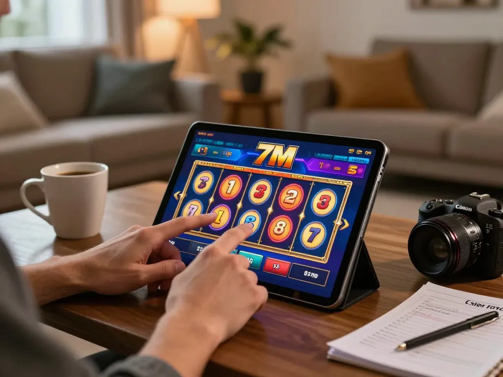 7M player engaging with the casino app on tablet, enjoying online gambling in a cozy setting.