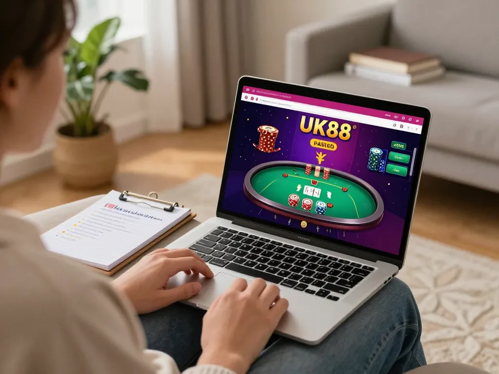 Engaging scene of a user enjoying uk88 online poker in a cozy living room setup, showcasing thoughtful gambling strategy.