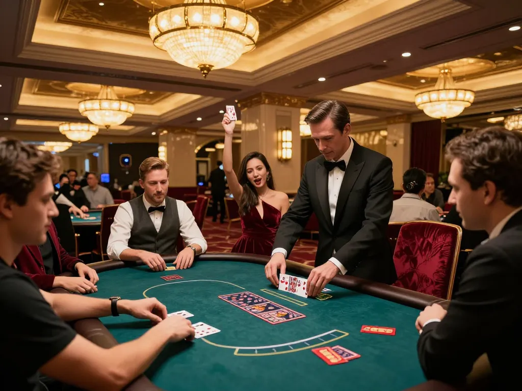 Players enjoying an engaging poker game at Good88 casino, with vibrant atmosphere and elegant decor.