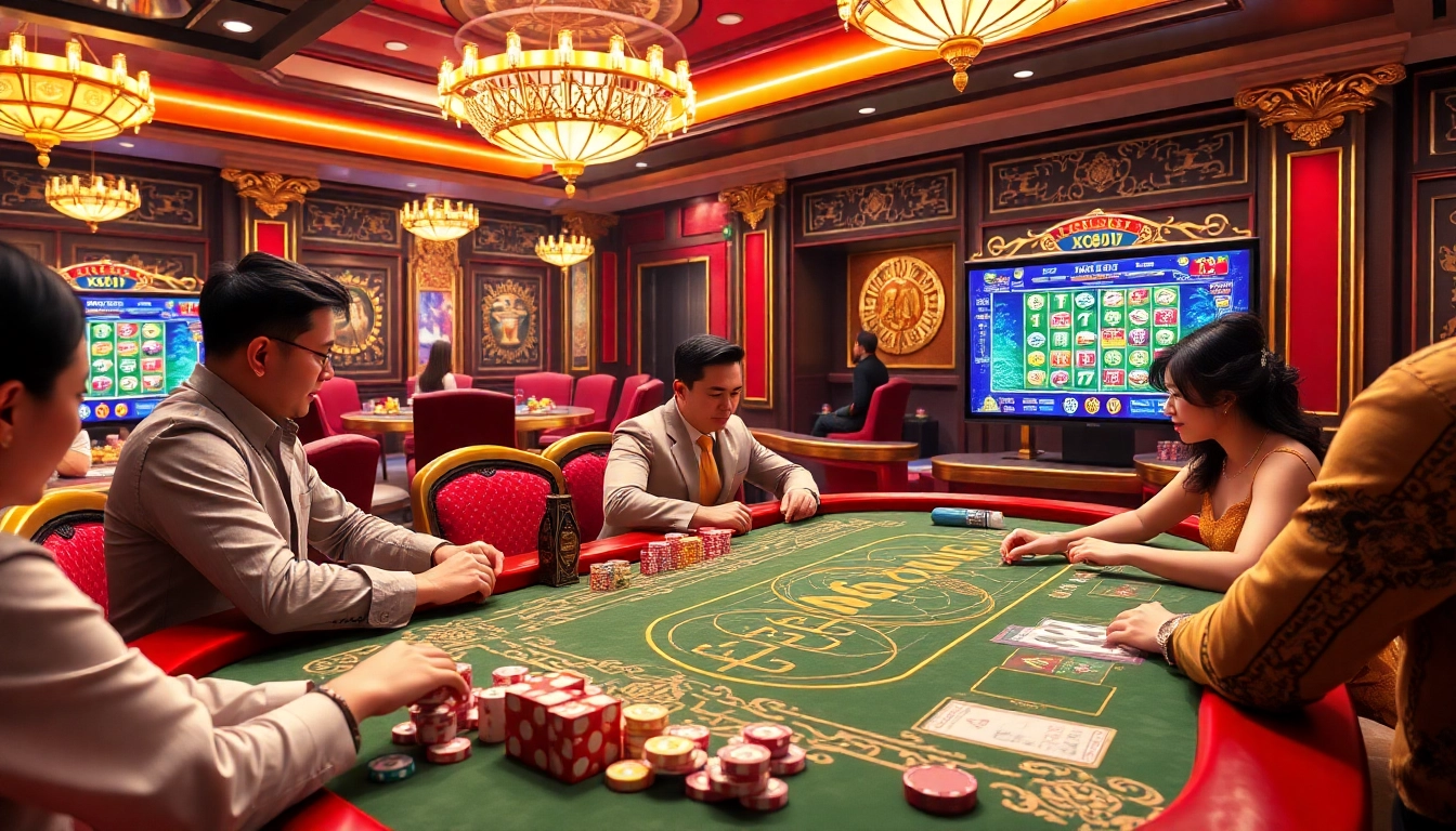 Experience the excitement of Xóc đĩa online at a vibrant casino table with engaged players and colorful dice.