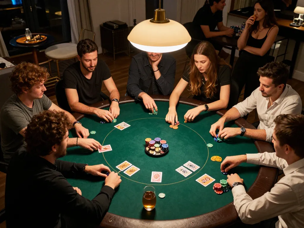 P3 poker night with friends enjoying chips and cards at a vibrant home table setting