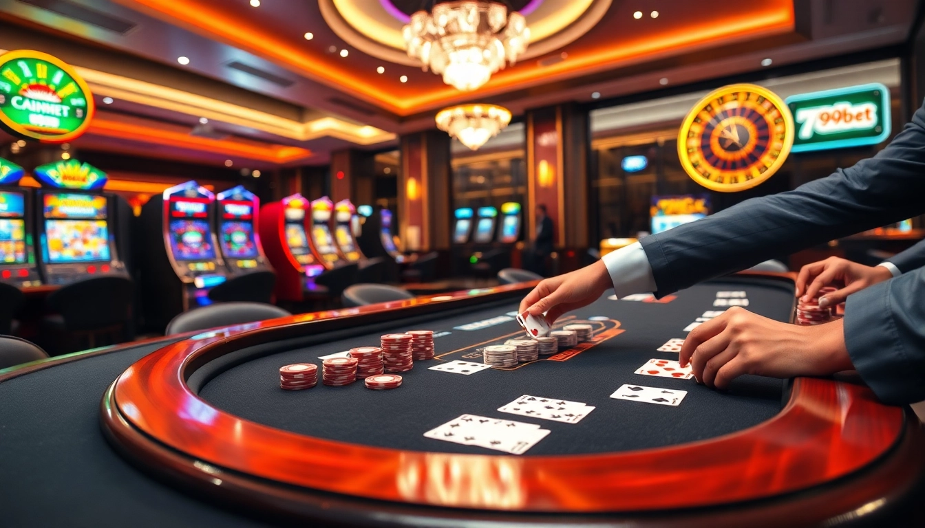 Experience the excitement of gambling at 789bet with a luxurious casino setting highlighting blackjack tables and vibrant slot machines.