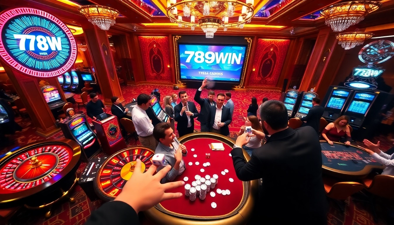 Gambler celebrating a win at 789WIN with poker chips and cards on a vibrant casino table.