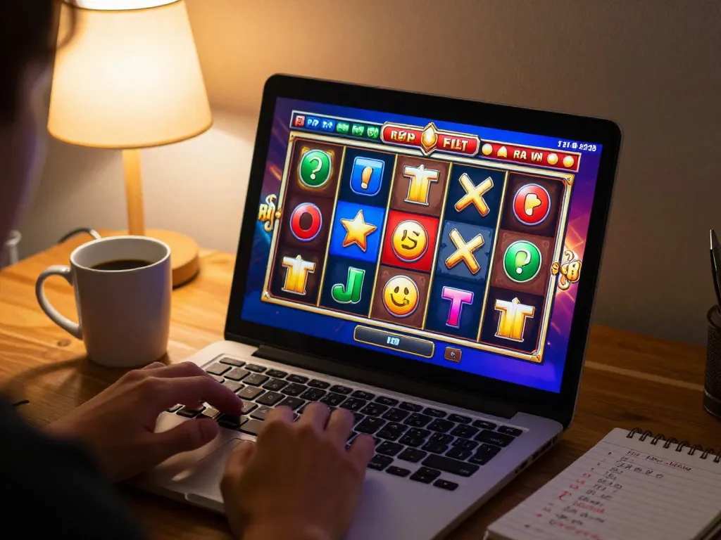 Kaya88 player spinning vibrant online slot reels while using a laptop at home