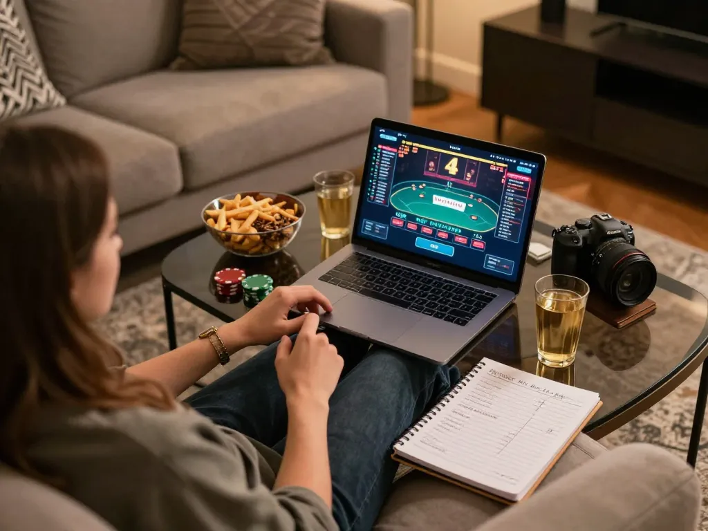 Person engaging in online poker gameplay at home on go86vn, creating a cozy gambling atmosphere.