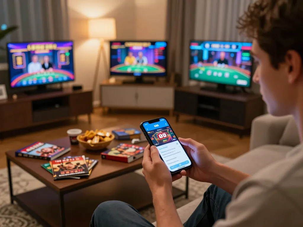 Engaged user playing Hi 88 on mobile device in cozy gaming environment.
