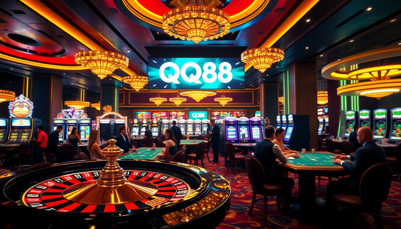 Players enjoying QQ88 casino games at a luxurious gaming table, highlighting excitement and strategy.