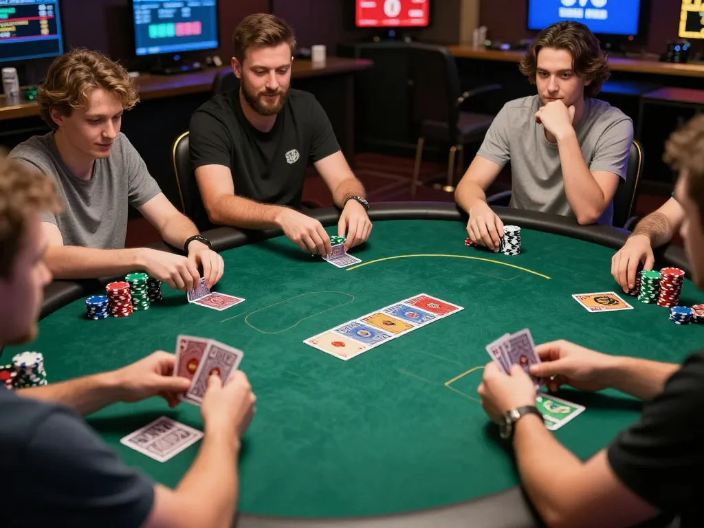 UU88 players engaged in an intense poker match with chips stacked on the green felt table, illustrating dynamic online gaming.