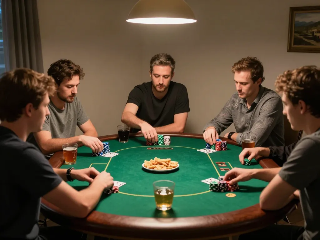 Players enjoying a friendly poker game at home, showcasing the engaging atmosphere of 99ok.