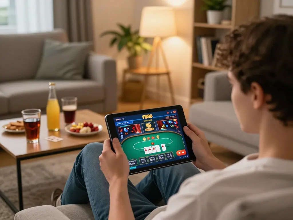 Enjoying fb88's online casino gaming on a tablet in a cozy home setting