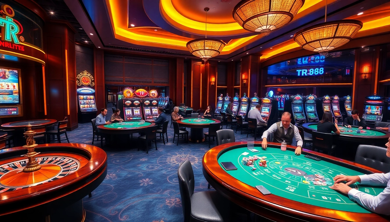Experience the thrill of TR88 in a luxurious casino, featuring vibrant tables, chips, and players.