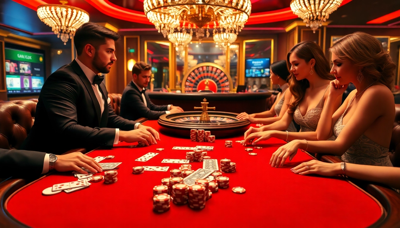 Players enjoying a high-stakes game at SV66 casino table, showcasing luxury and excitement.