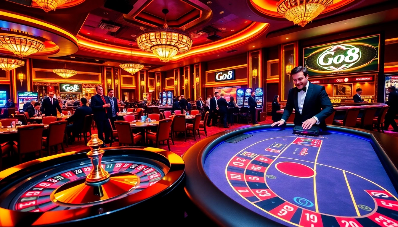 Go8 casino floor showcasing high-stakes poker, vibrant lights, and excited players.