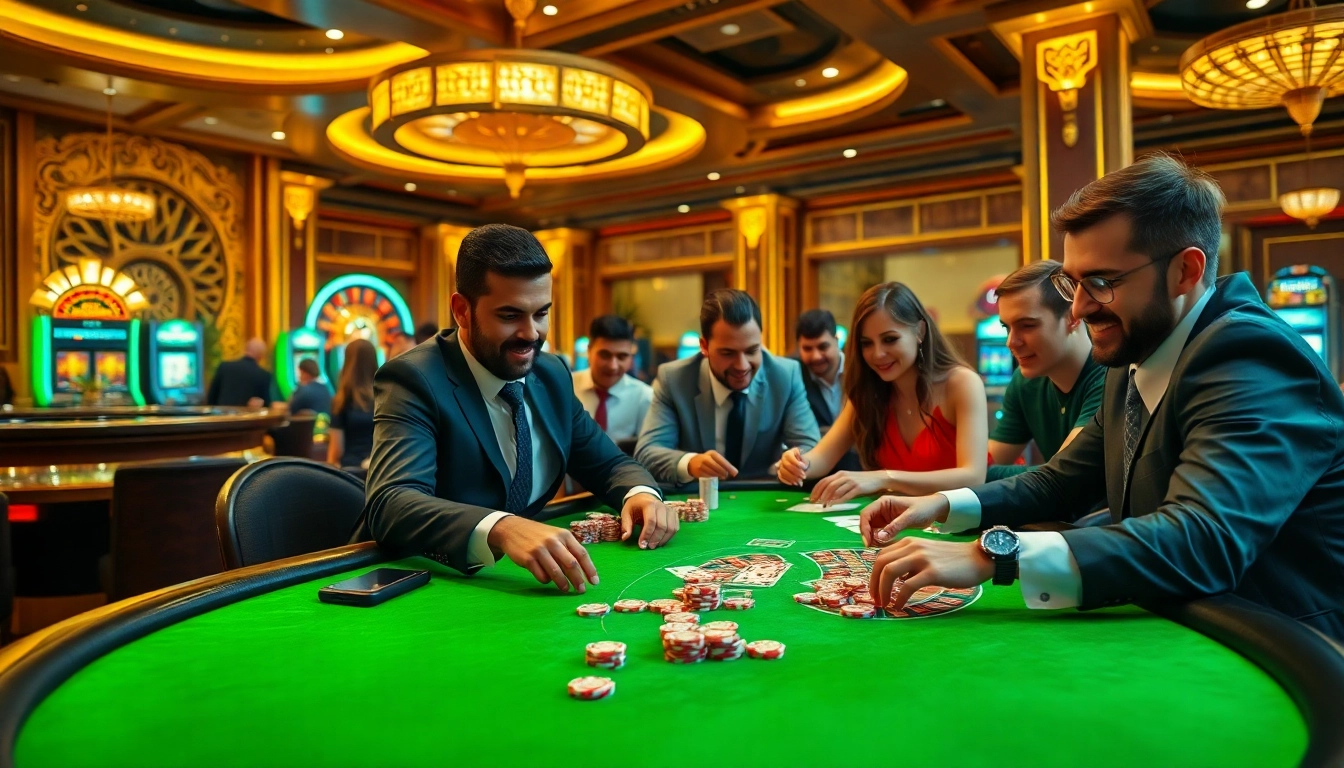 e2bet players engaging at a vibrant casino table with poker chips and cards.