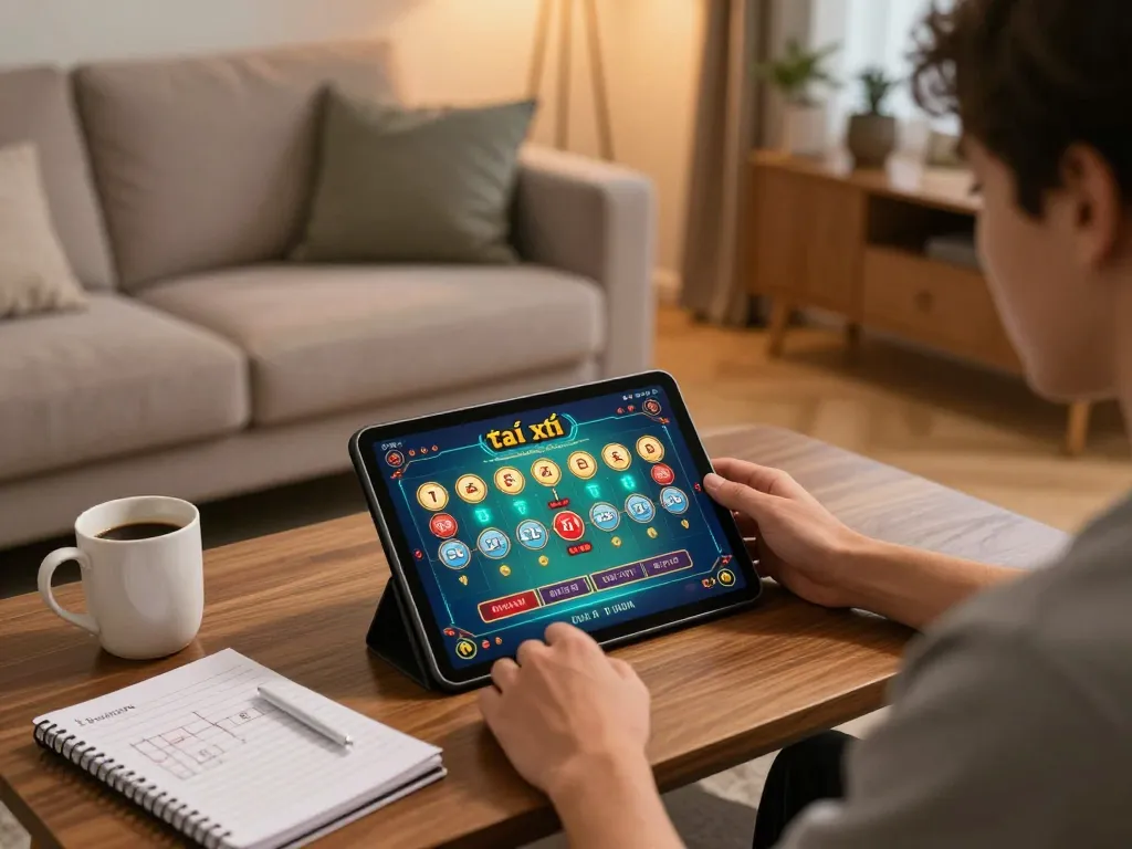 Player engaging with tài xỉu online game on tablet in a cozy home setting, showcasing responsible gaming.