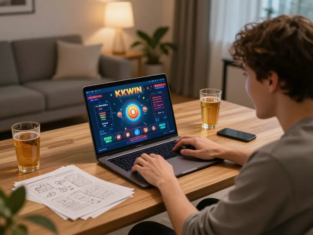 Engaged user playing KKWIN online casino game on laptop, showcasing dynamic home gaming environment