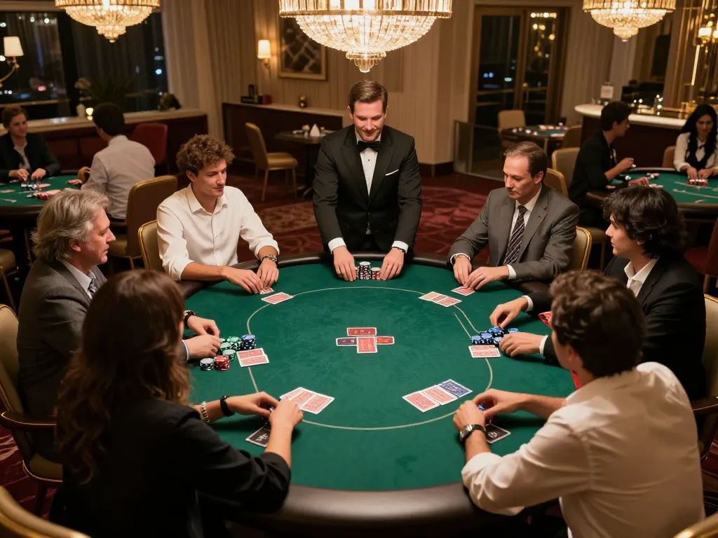 Kkwin players engaging in an exciting poker game with vibrant chips and cards under elegant lighting