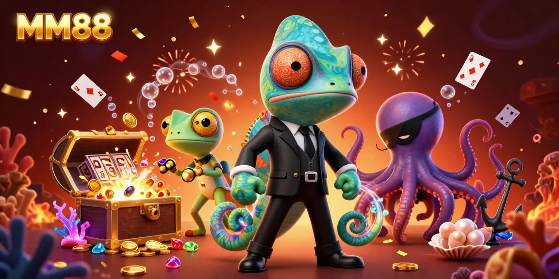Experience thrilling wins at MM88 with a vibrant casino scene showcasing slots and animated characters.