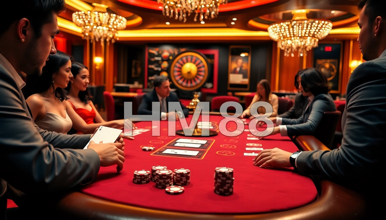 HM88 players placing strategic bets at a luxurious casino poker table.
