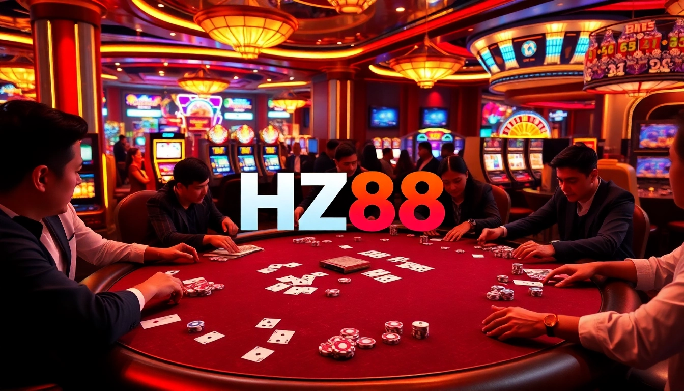 The HZ88 casino scene showcasing a vibrant poker game with players celebrating wins, capturing the essence of luxury in online gambling.