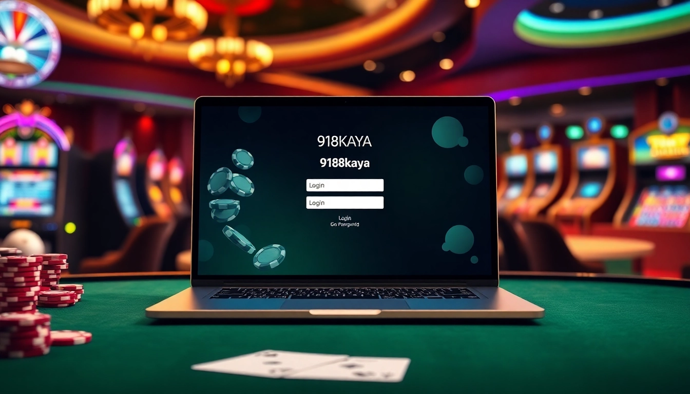 Engaging players with 918kaya Login on a stylish laptop amid vibrant casino ambiance.