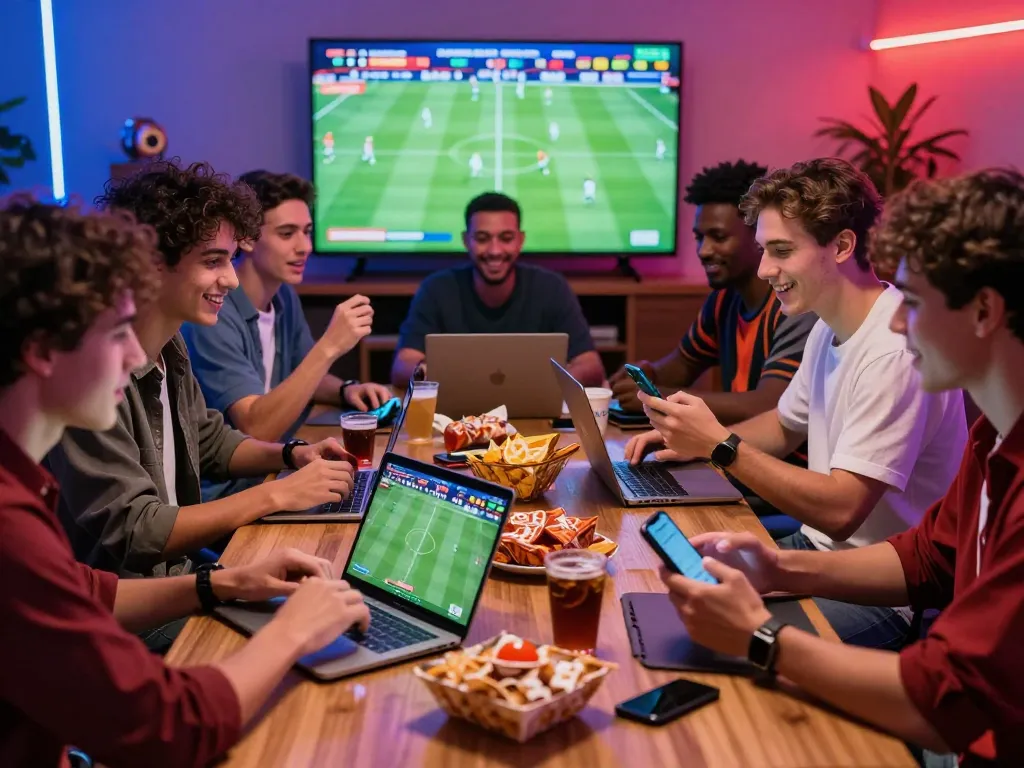 Friends enjoying kèo nhà cái discussions and live match betting excitement at a game day gathering, capturing the thrill of sports betting.