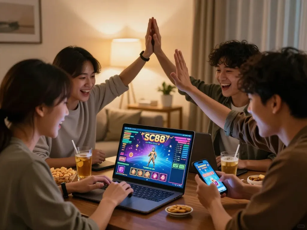 SC88 players celebrating a win together in an engaging home environment.