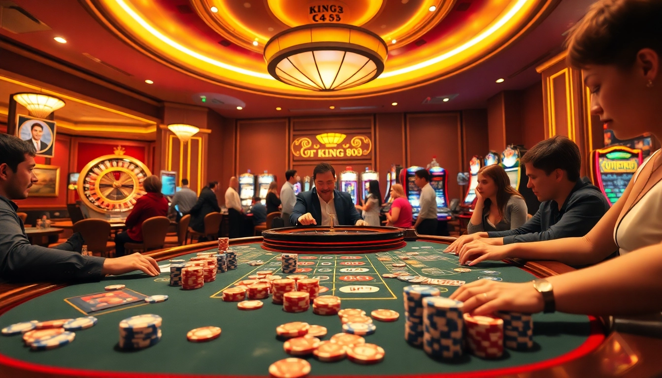 Gamble at King88 with vibrant casino tables, chips, and thrilling slot machines.