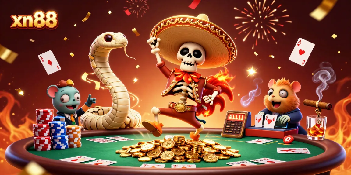 Experience xn88's vibrant casino scene with a mariachi rooster celebrating amidst poker elements.