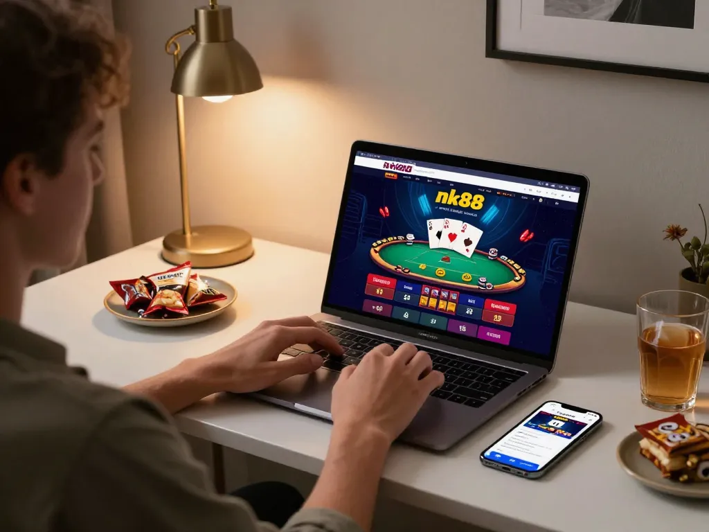 Engaging online gaming experience with nk88 on laptop, showcasing vibrant interface and responsible gambling.