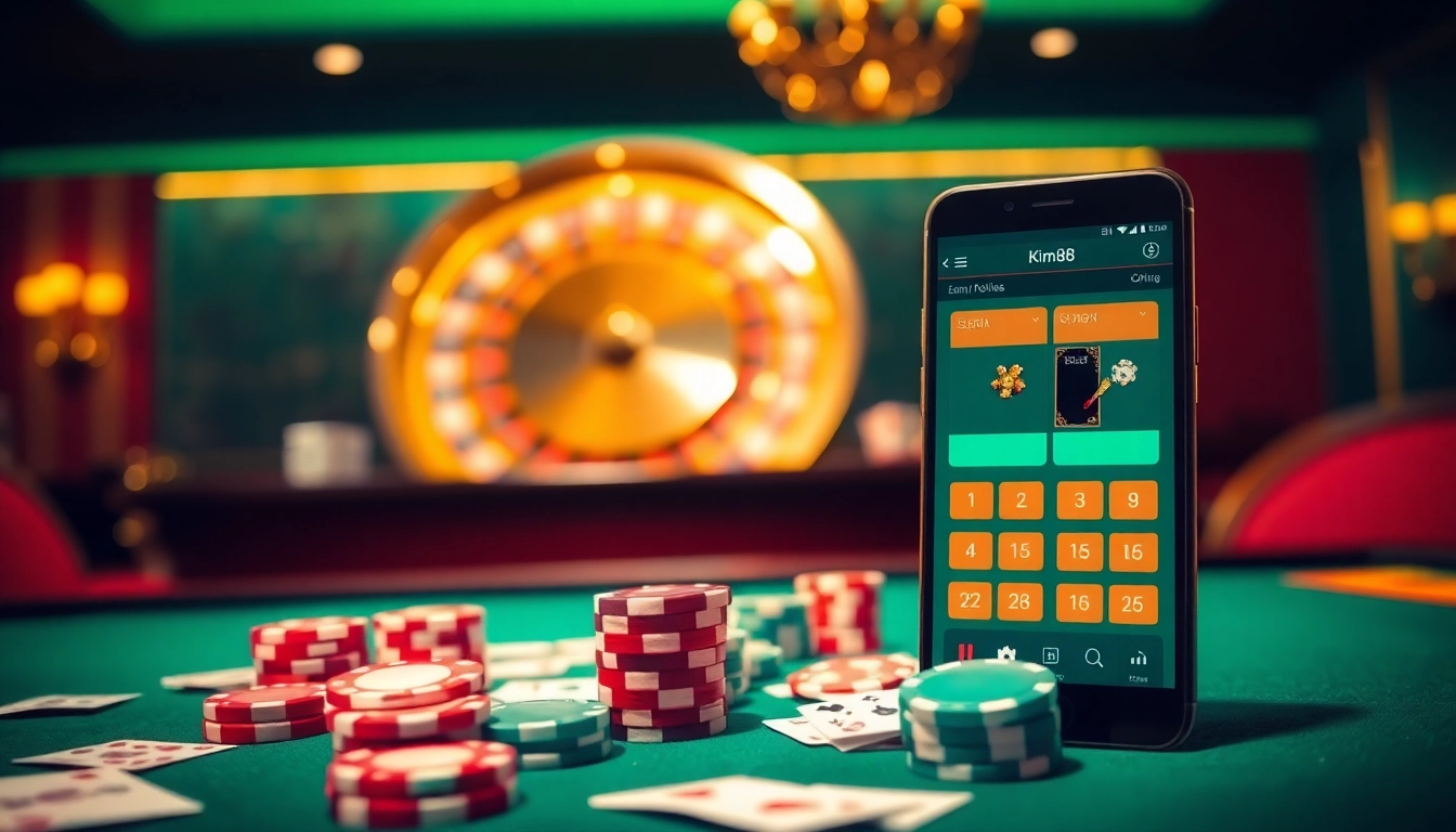 Join the excitement of kim88 casino with vibrant poker chips and a spinning roulette wheel.