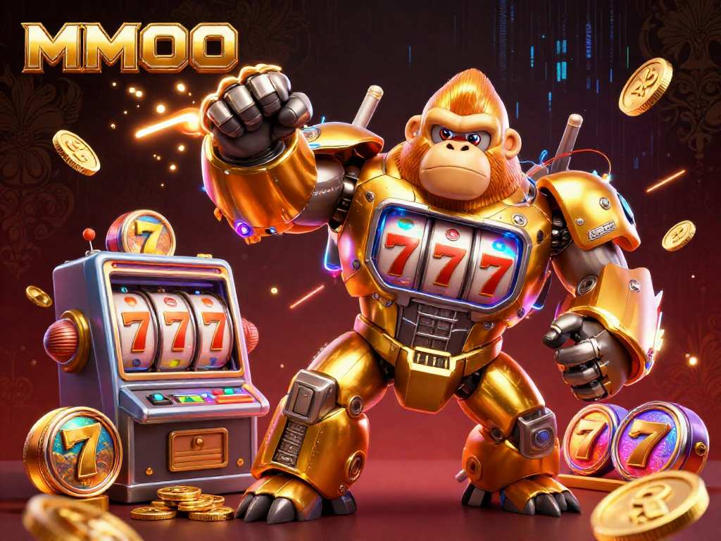 Spin the reels with MMOO in this dynamic casino-themed digital illustration showcasing gaming excitement.