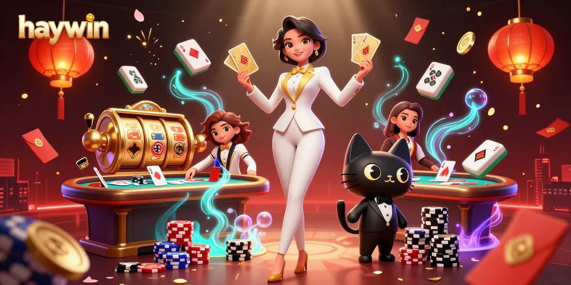 Experience high-stakes excitement with Haywin as our dealer shuffles cards surrounded by vibrant casino elements.