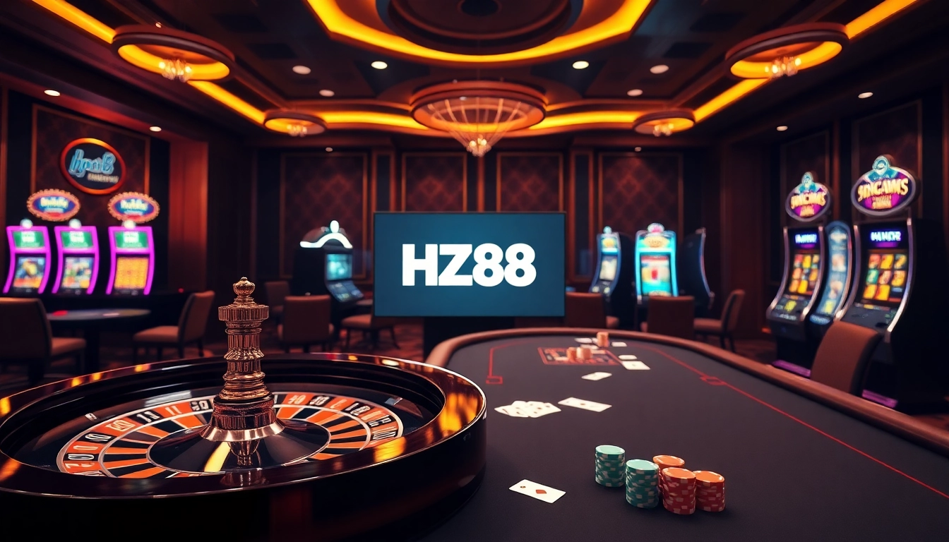 Experience gaming excitement at HZ88 with vibrant casino elements and interactive displays.