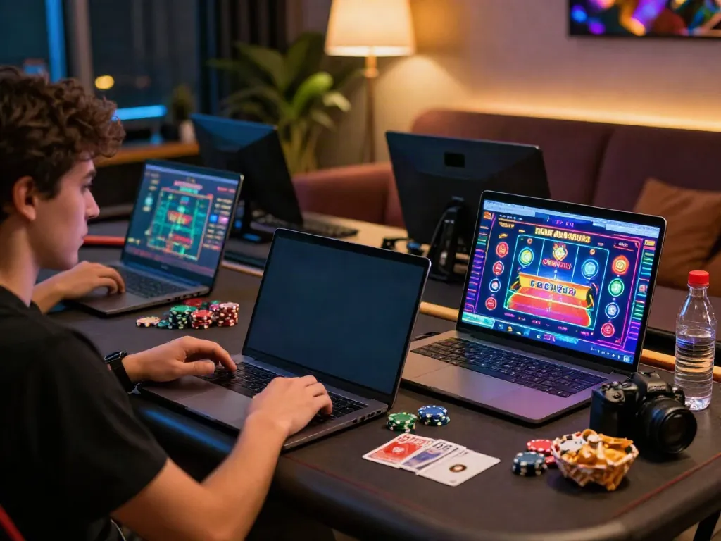 Engaging home gaming scene featuring a player at a non gamstop casino on laptop with chips and cards