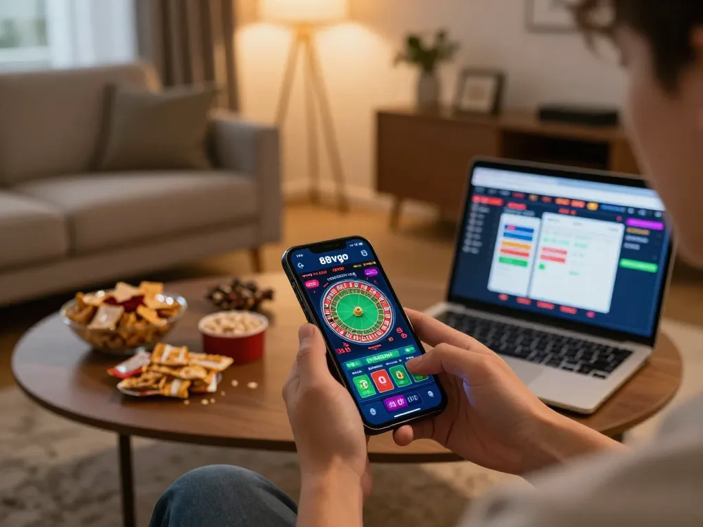 Enjoying interactive games on 88vvgo mobile casino app in a cozy living room environment.